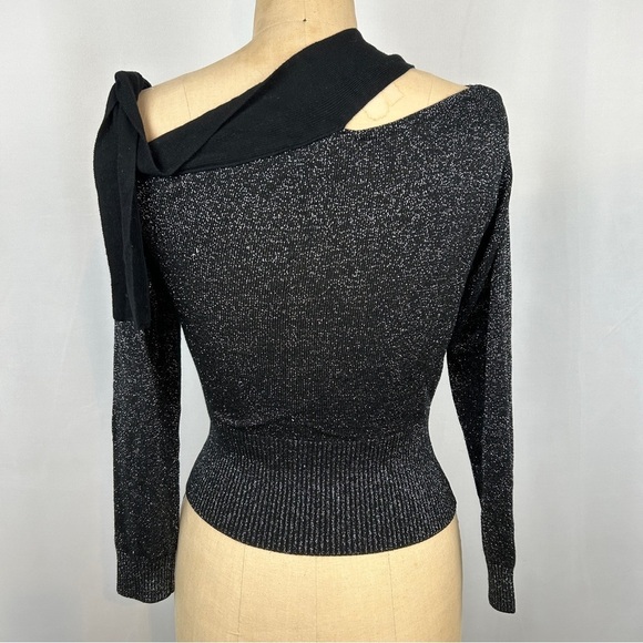 Ramy Brook New York Silver Metallic Shiny Knit Black Tie Neck Sweater - Picture 4 of 10